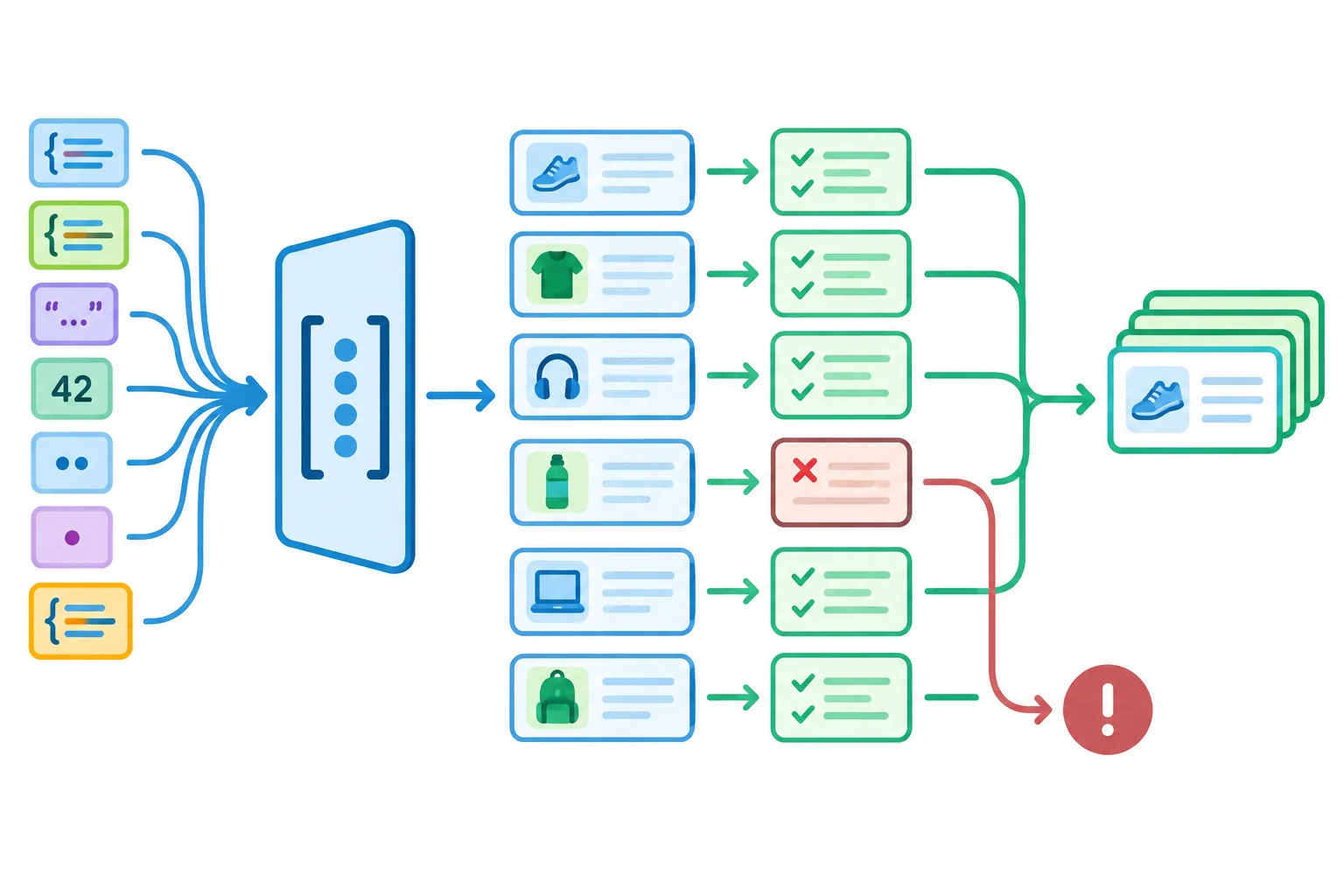 A diagram showing decoded JSON passing through an array check and per-record checks before becoming a typed product collection, with any failed record rejecting the collection.