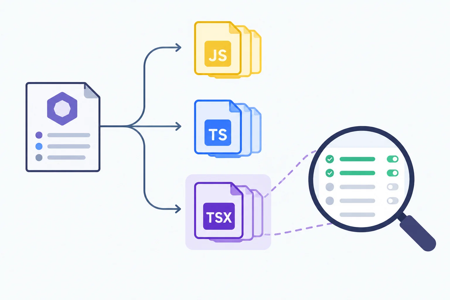 Diagram showing a flat ESLint configuration resolving into rules for a highlighted TSX application file.