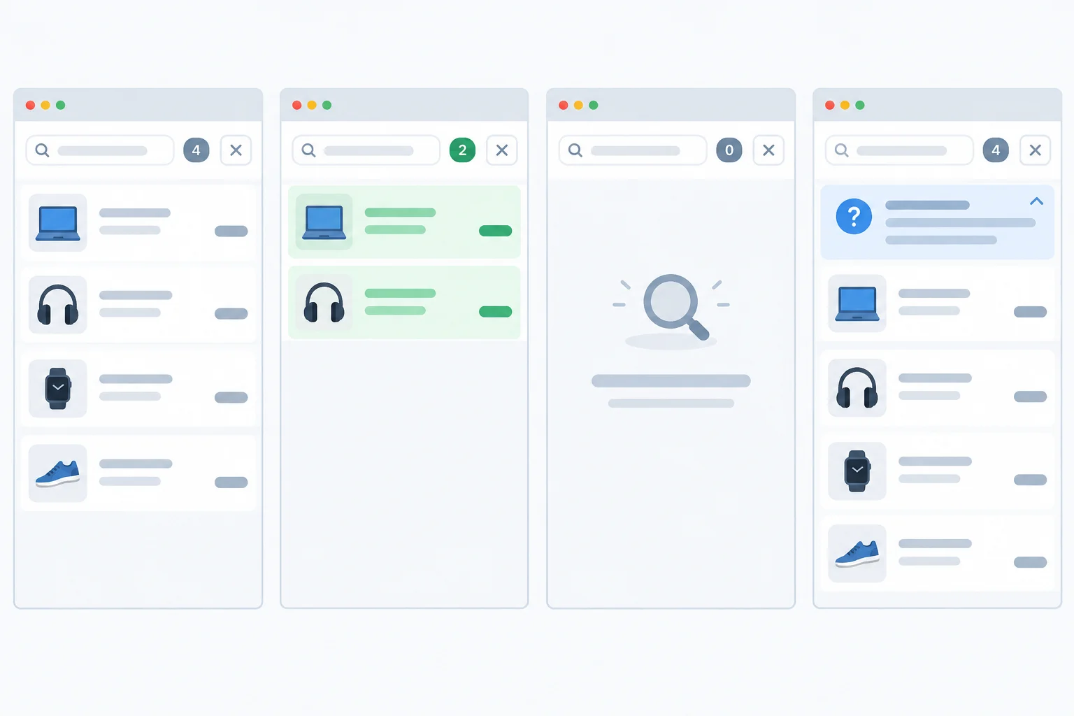 Four product-search interface states: all products, two matching products, no matches, and help shown while a search is active.