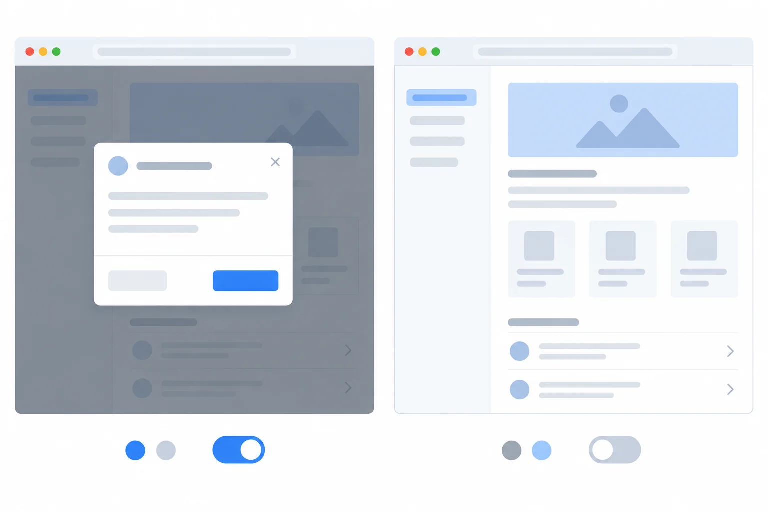 Side-by-side browser states showing an open native settings dialog and the same page after the dialog has closed.