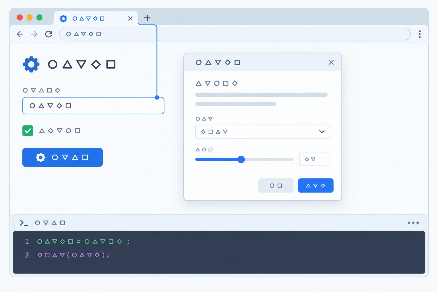 A Sync Lab-like browser interface with a label input, enabled resize monitor, settings dialog, linked tab title area, and a console showing lifecycle activity.