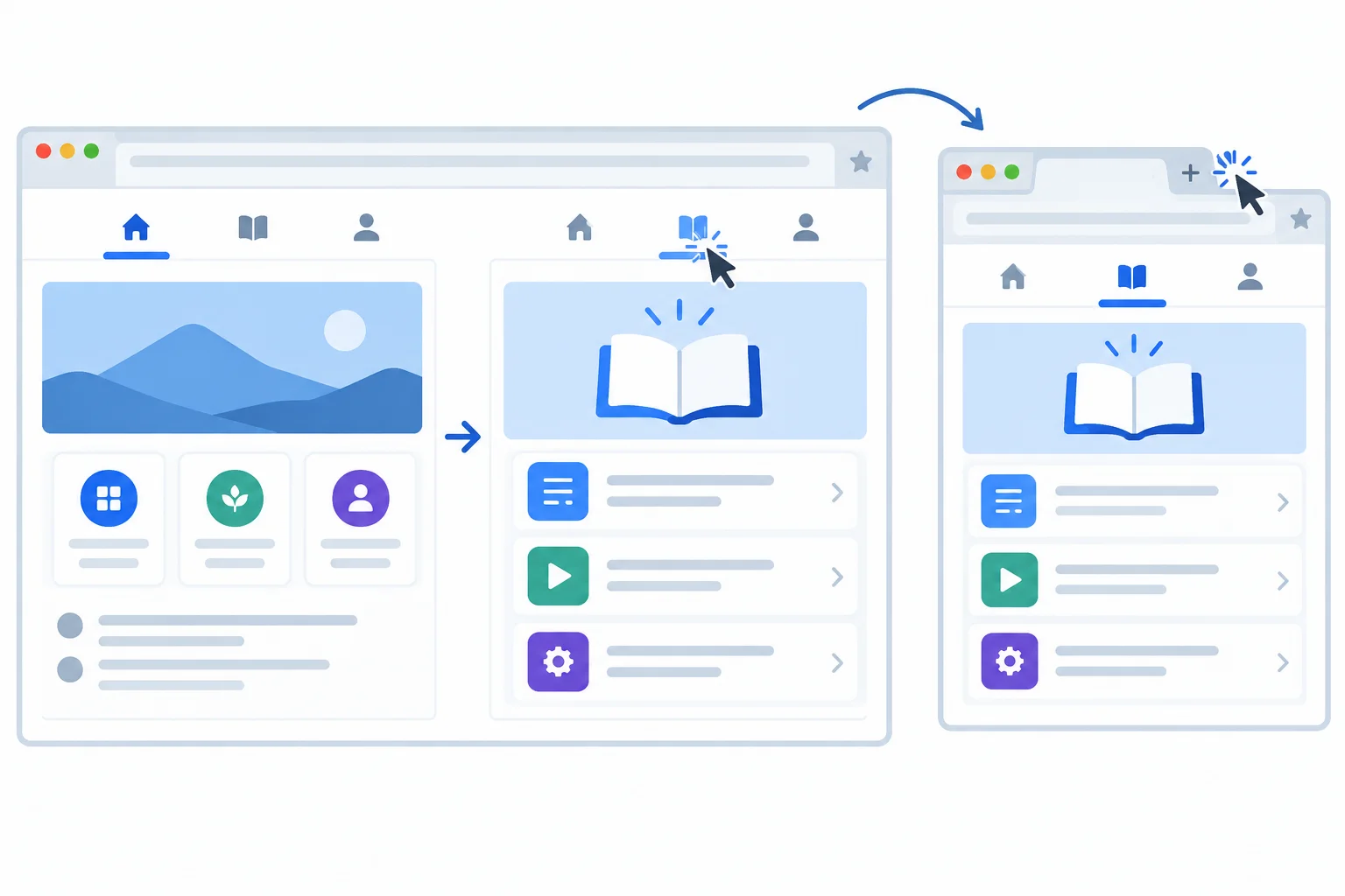 A diagram showing a persistent application header, a same-tab view change from a normal link activation, and a separate tab opened by a modifier-click.