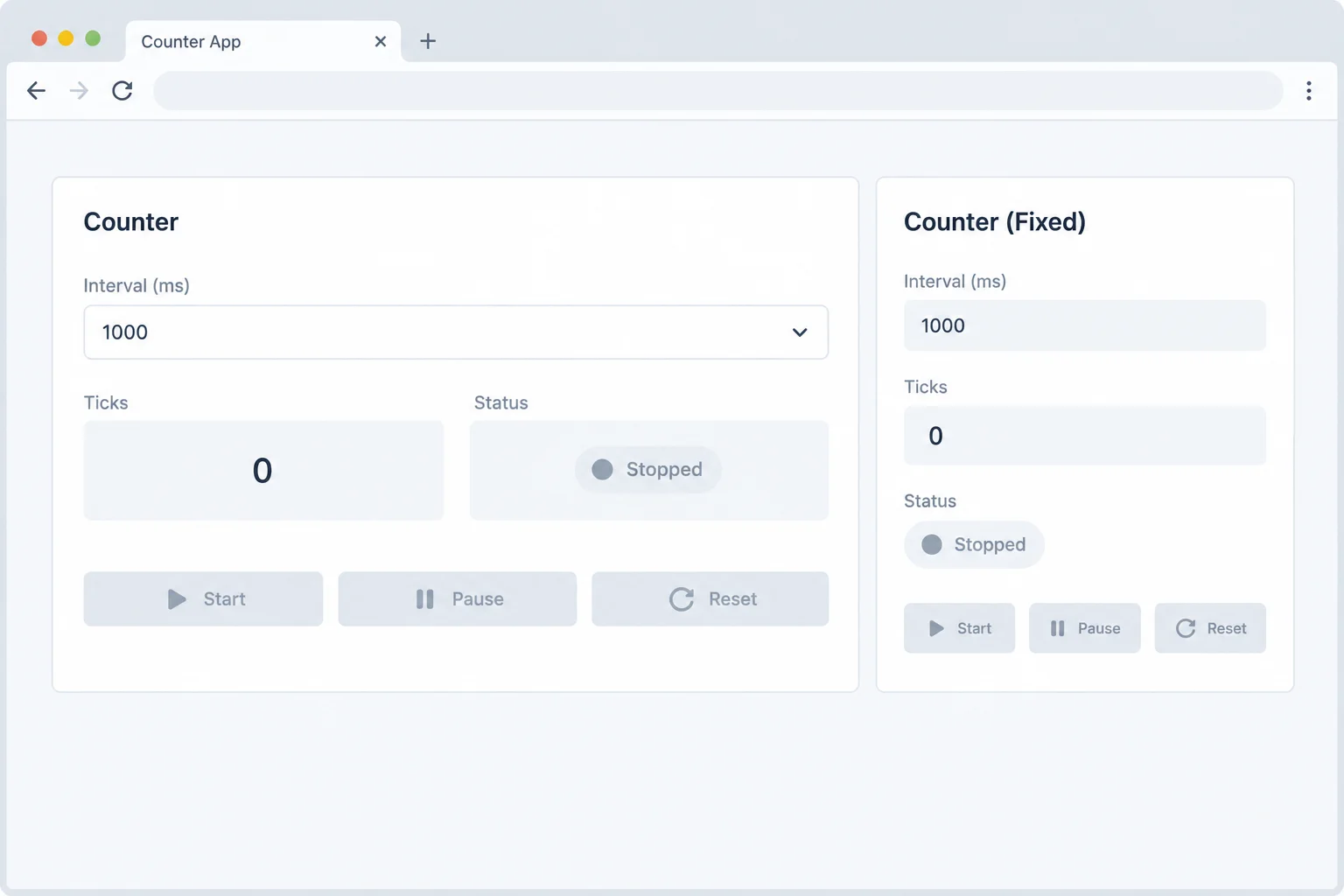 An initial Tick counters interface with Counter A at 1000 ms and Counter B at a fixed 1000 ms; both show zero ticks and stopped status.
