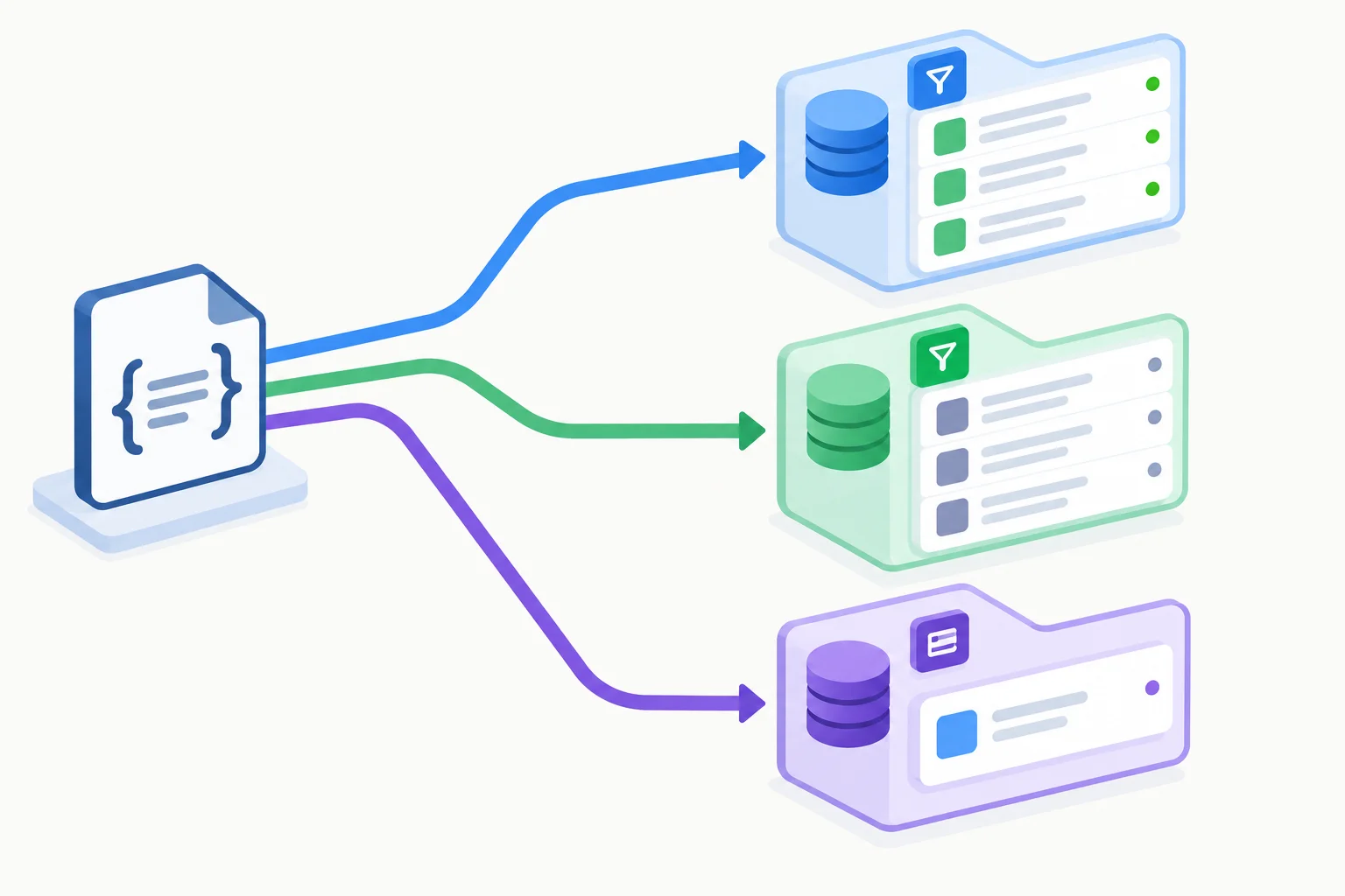 A single JSON resource branches into separate cache slots for two filtered lists and one individual project.