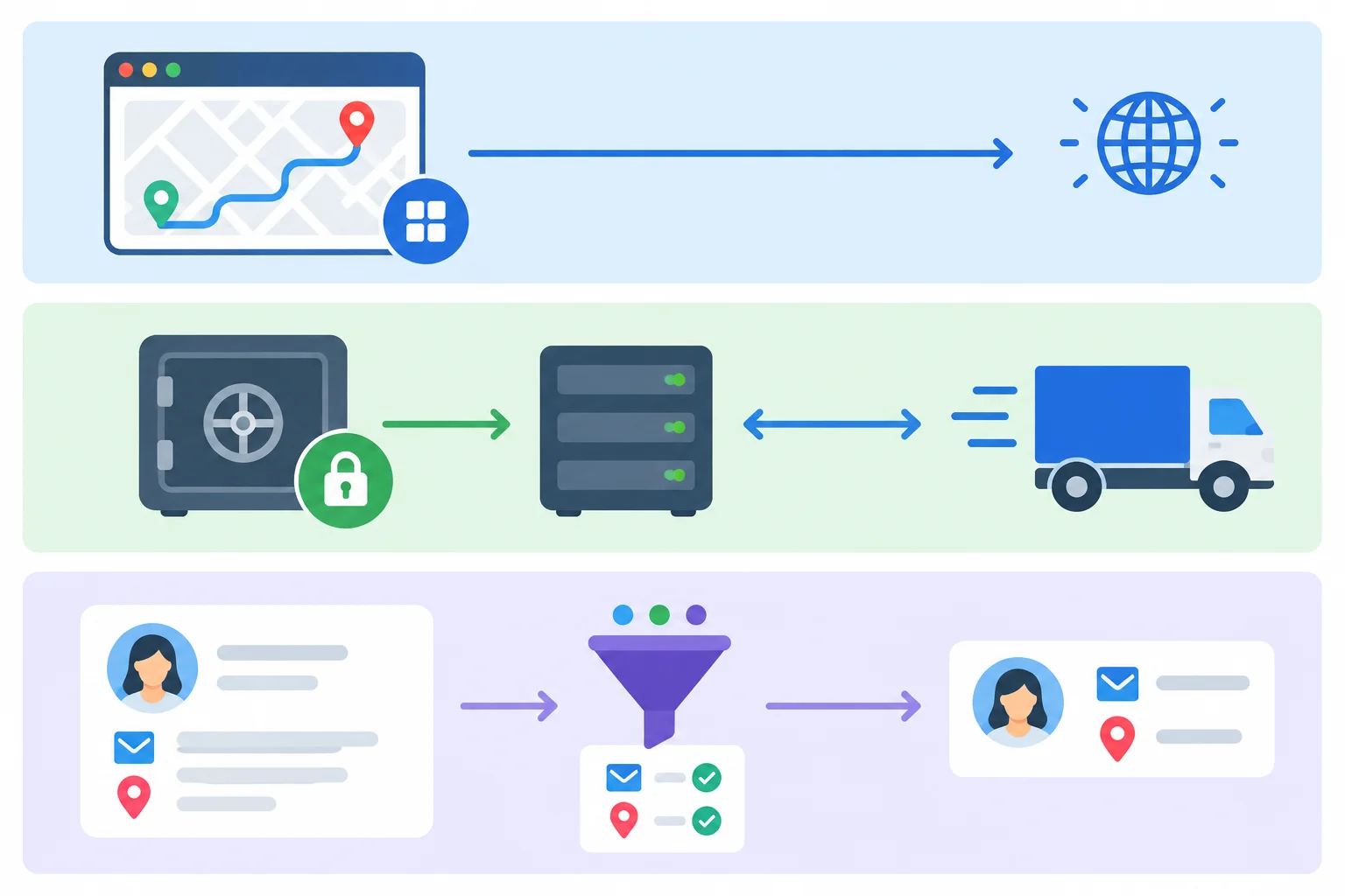 A three-part diagram distinguishes browser-safe public configuration, a private credential held behind a server, and personal recipient data minimized for a feature.