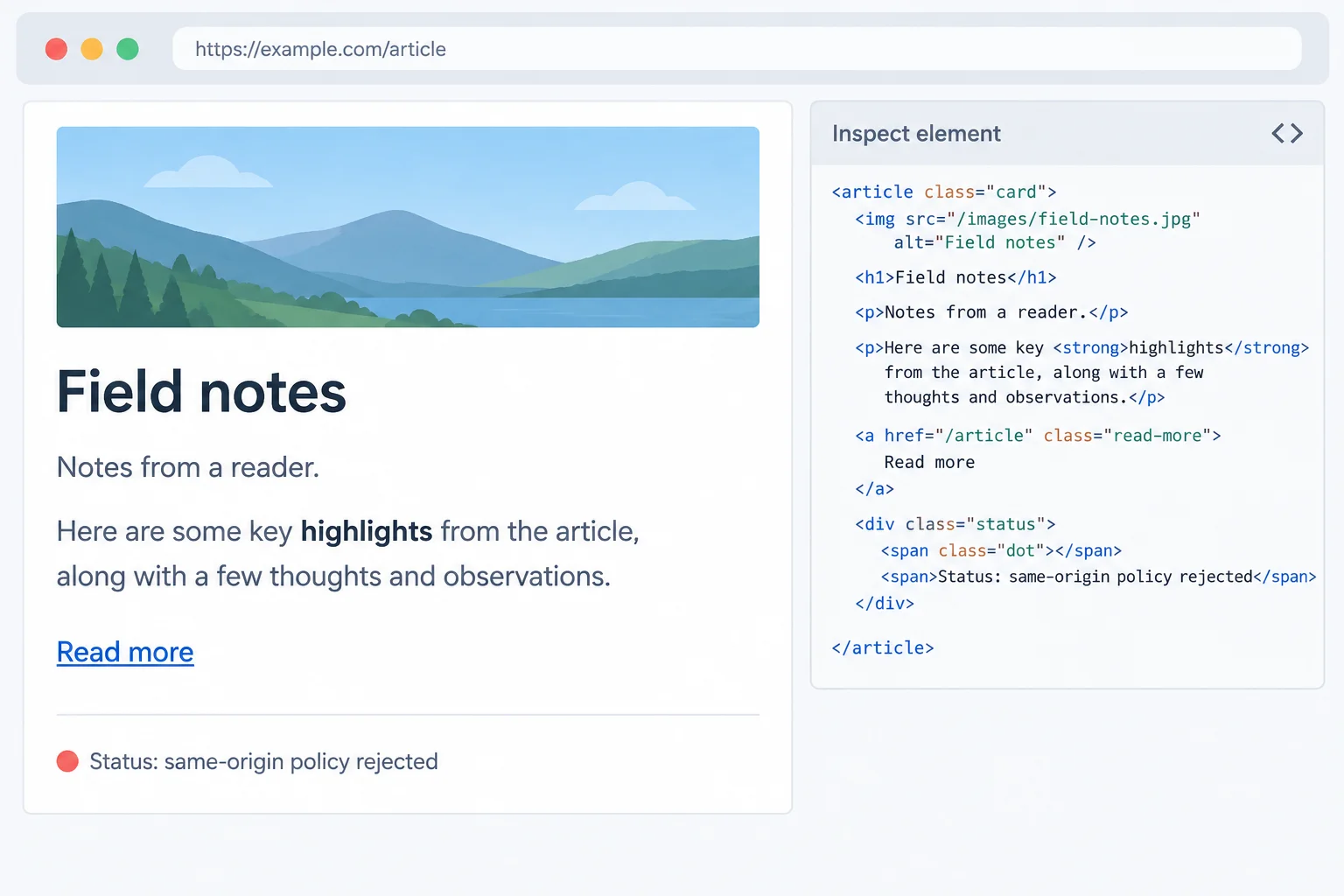 Browser preview showing the article title, plain summary, retained bold highlights formatting, accepted Read more link, rejected same-origin status, and a small inset where markup-like summary text is displayed literally.