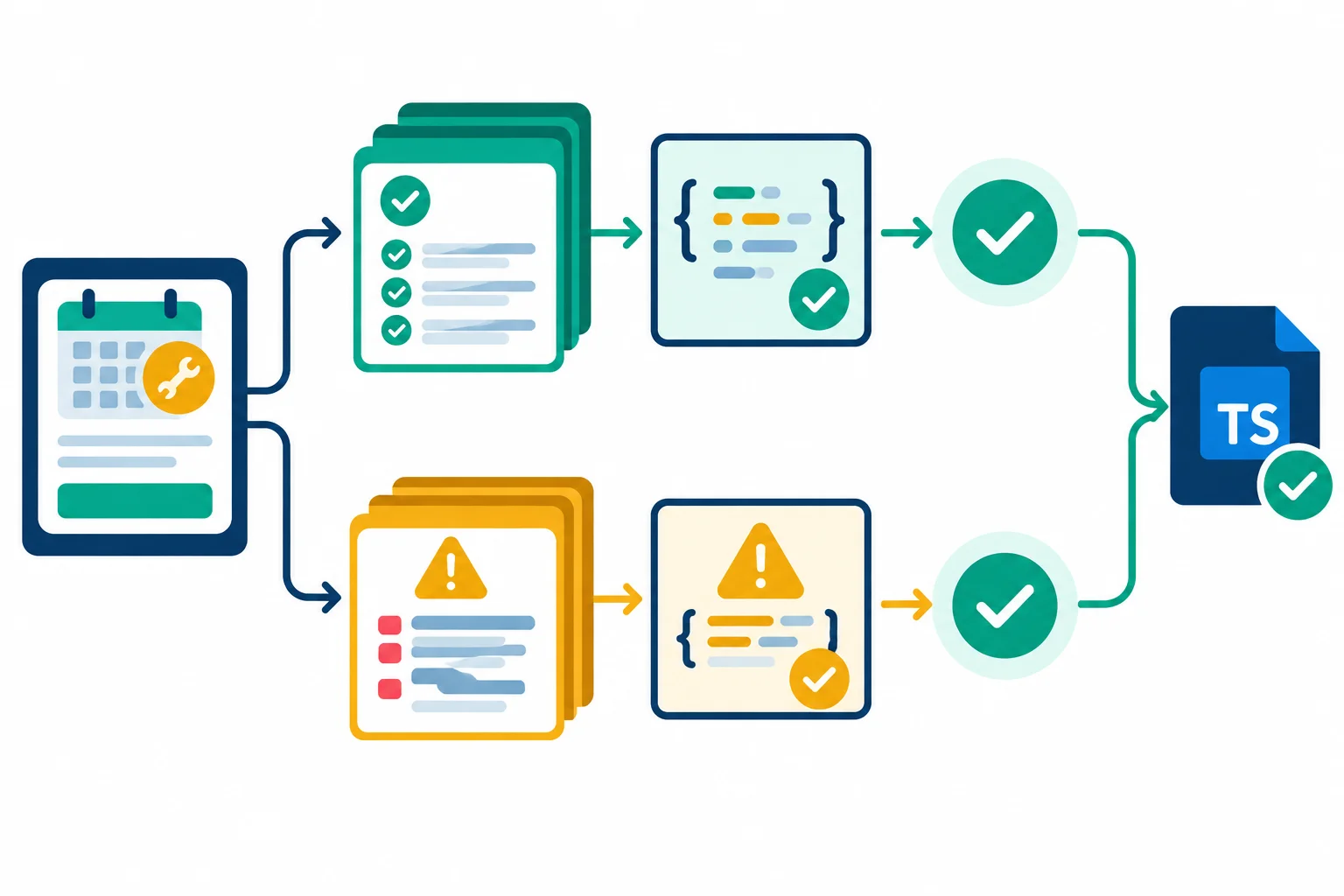 A workflow connecting booking contract cases to assertions, a test result, and a separate type-check result.