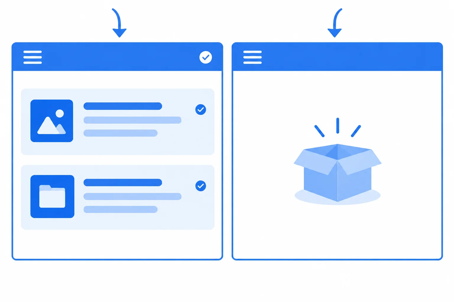 A side-by-side interface comparison: one successful request displays two project rows, while another successful request displays an empty-state area.