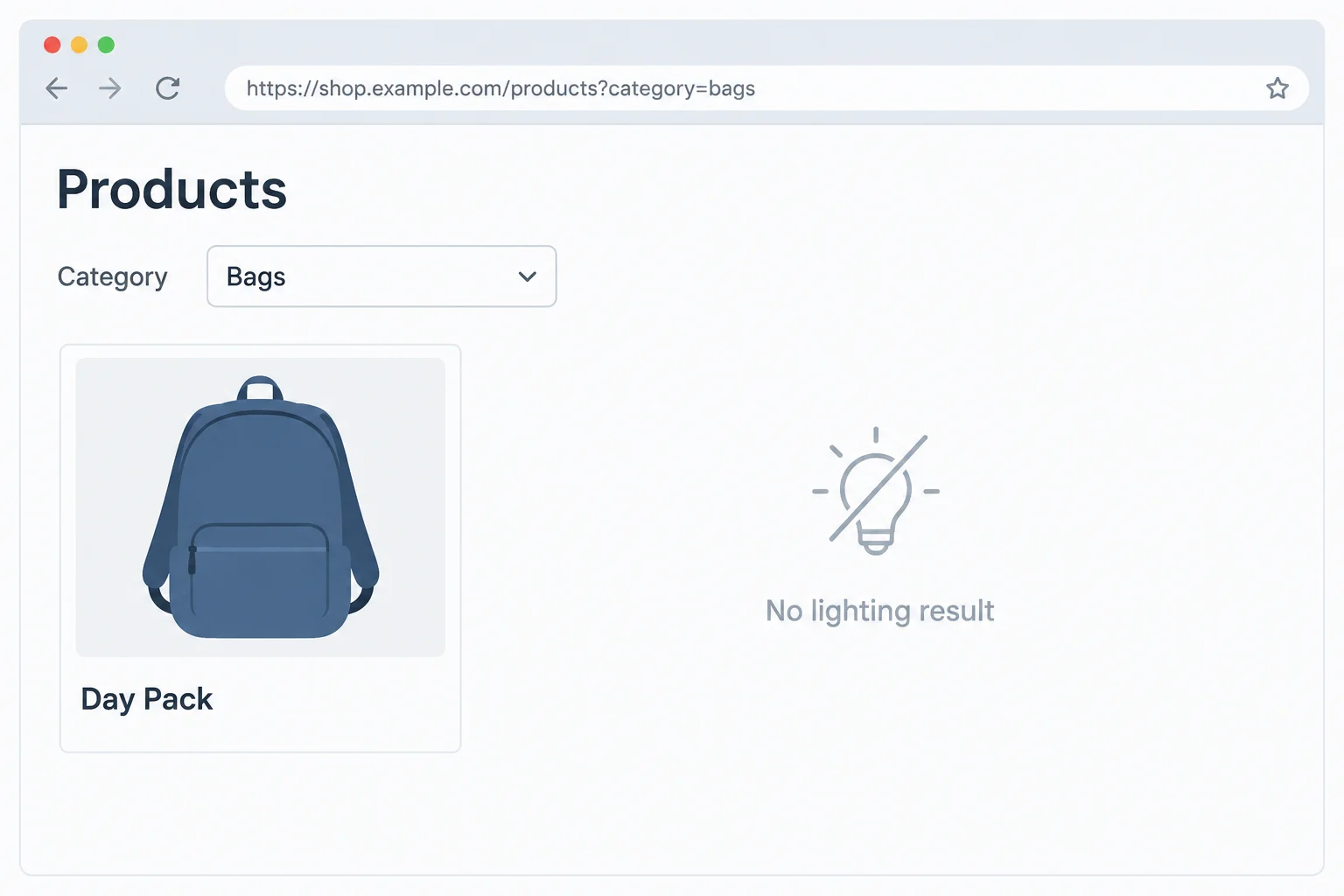 A Products page with the Category control set to Bags and only the Day Pack link visible.