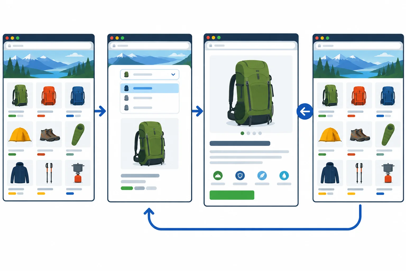 A four-stage Trail Shop browser journey: catalog, filtered catalog, product detail, then the filtered catalog restored by browser Back.