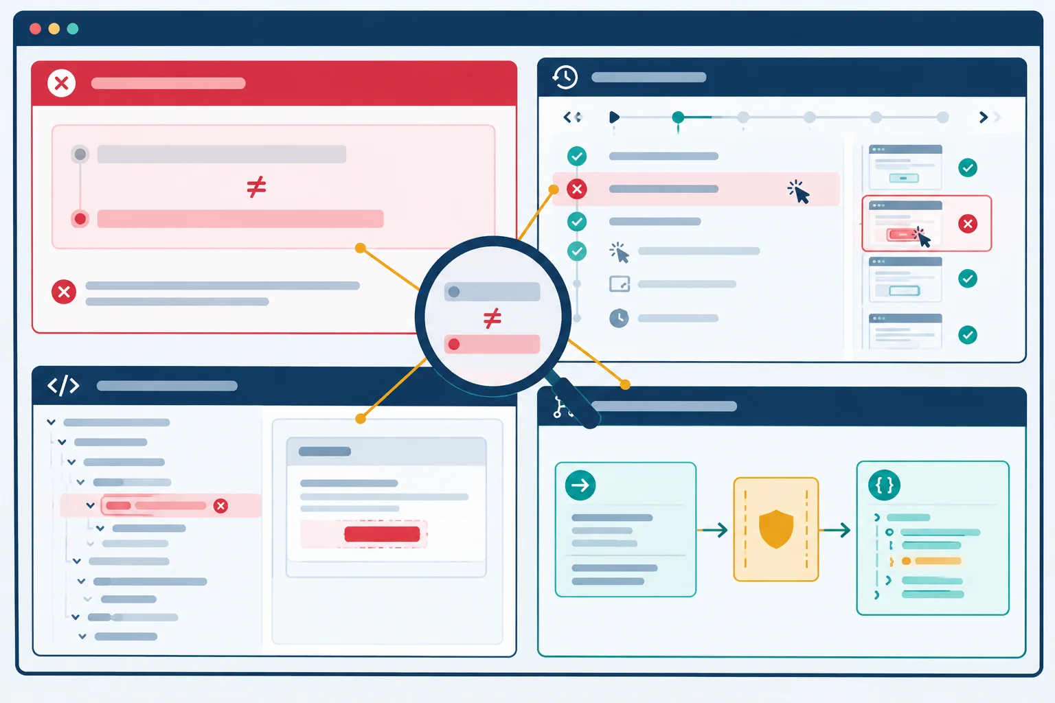 A four-panel local test investigation view showing a failed assertion, action timeline, DOM snapshot, and intercepted API response, with the earliest mismatch highlighted.