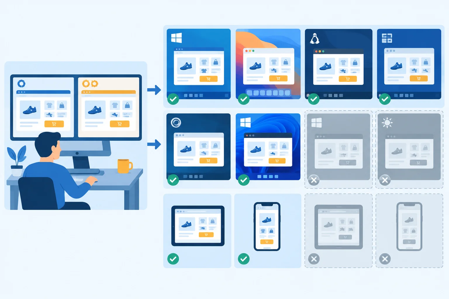 A diagram shows two checked local browser-engine windows leading to a larger, partly unchecked set of desktop and mobile target environments.