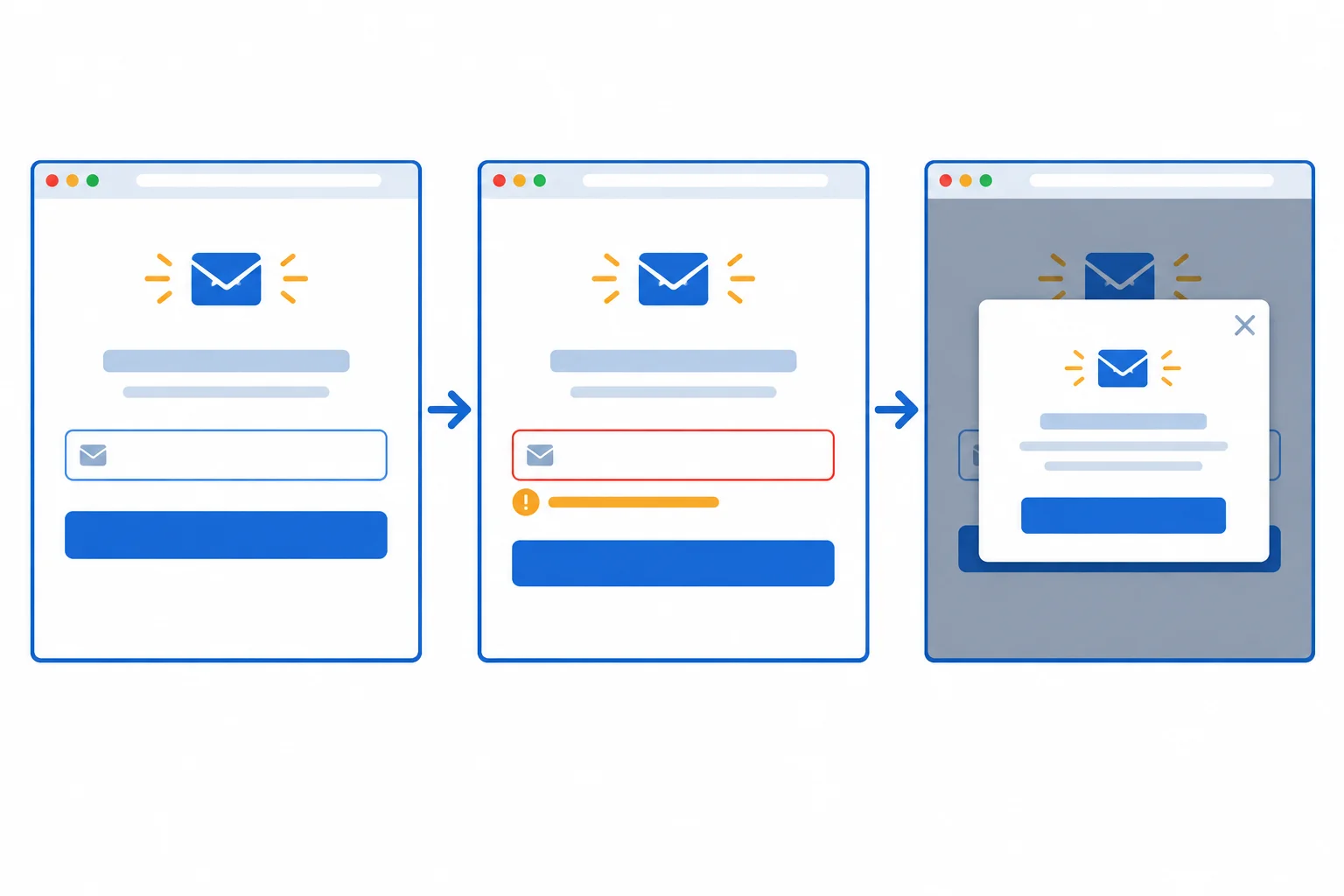 A three-panel diagram shows an ordinary newsletter form, the form with an inline error, and the form with a dialog open.