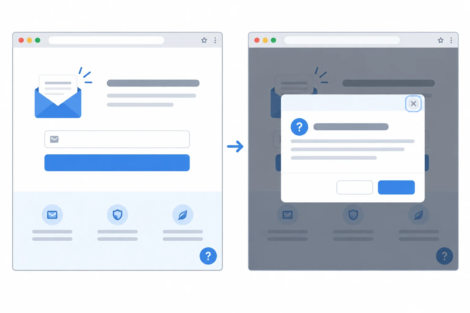 Side-by-side comparison of a newsletter page before and after a help dialog opens, with the dialog close control visible only in the open state.