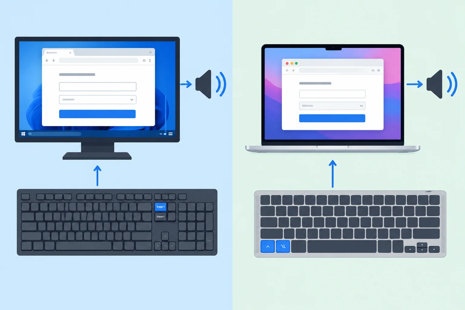A two-panel diagram comparing a Windows keyboard and browser with a Mac keyboard and browser, highlighting the modifier keys used by NVDA and VoiceOver.