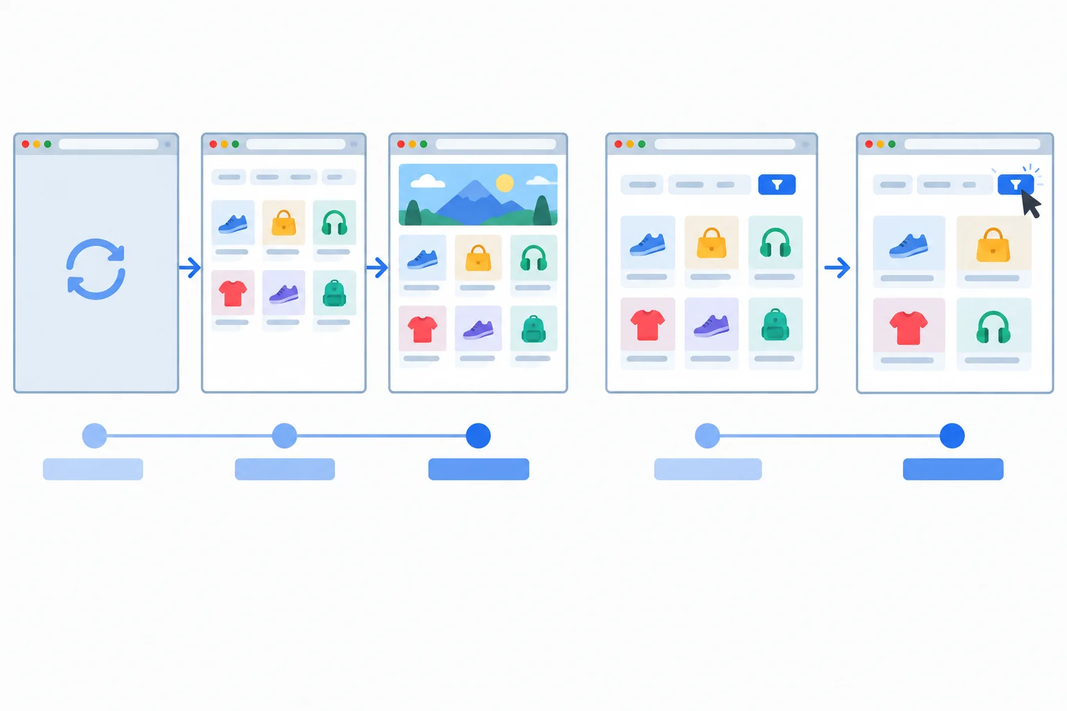 A schematic comparison of an untouched initial load and one filter activation after the page has settled.