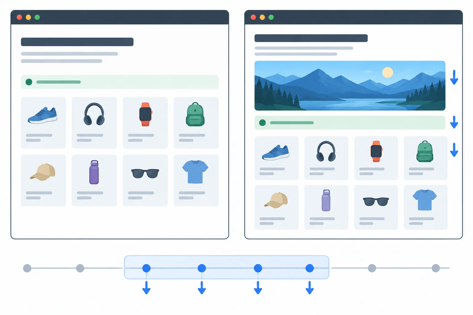 Before-and-after page diagram where a newly inserted hero image pushes the product status and card grid downward.