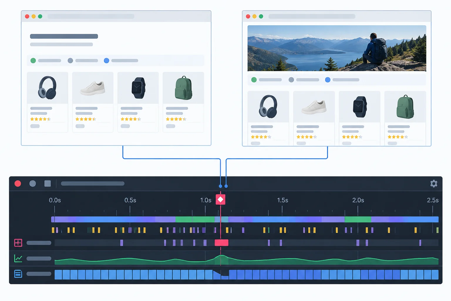 A Performance timeline layout-shift marker connected to before-and-after catalog screenshots showing content pushed downward.