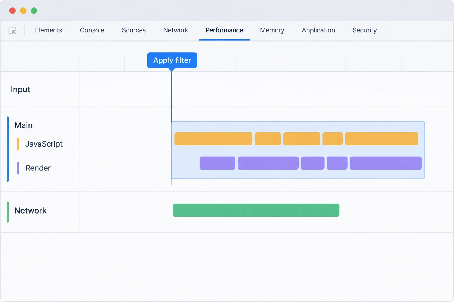 A schematic Performance recording shows an Apply filter input aligned with a long main-thread task containing JavaScript and rendering segments, while a Network request appears on a separate track.