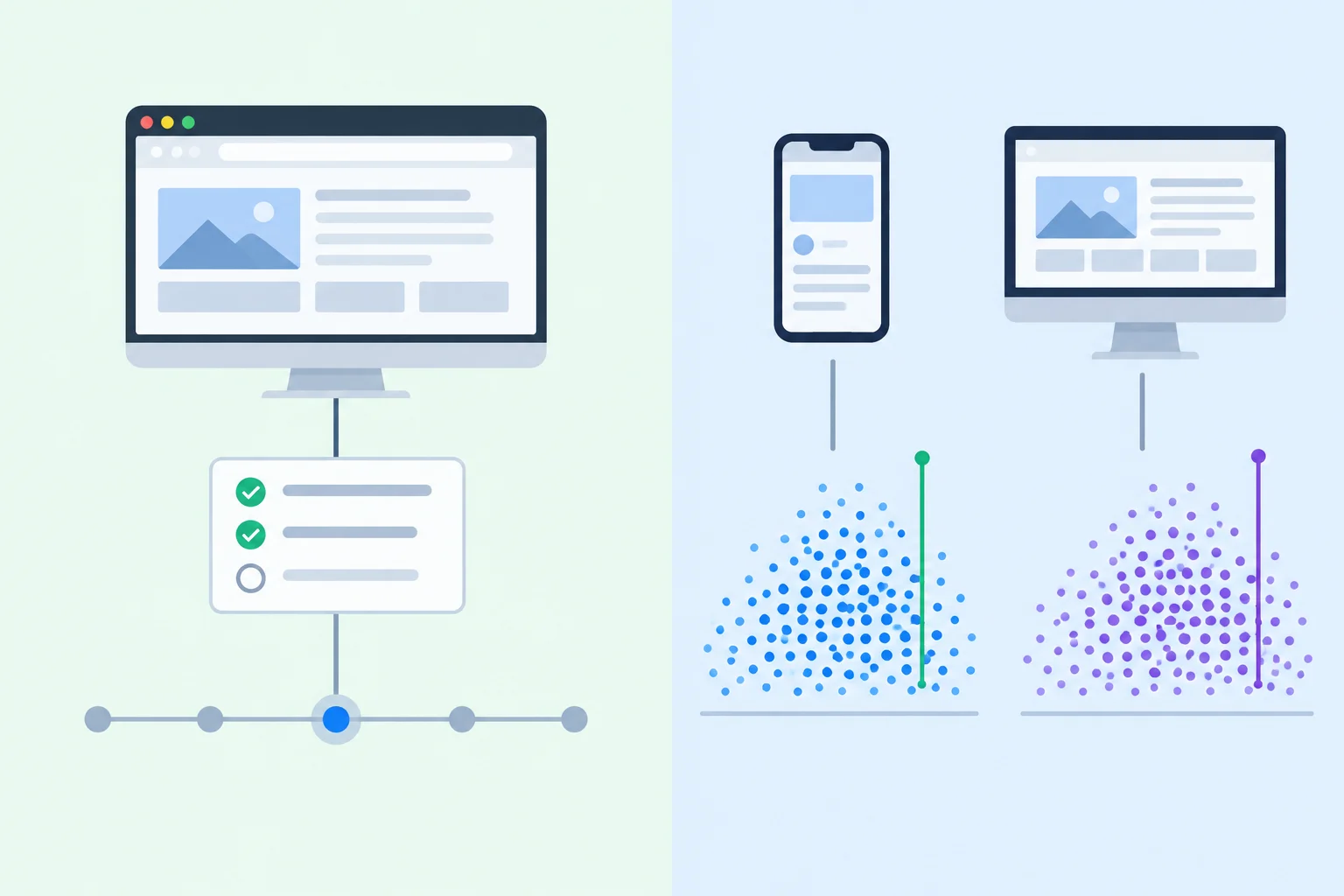 A comparison diagram shows one documented local browser trace on the left and separate mobile and desktop distributions of many real-user measurements with percentile markers on the right.