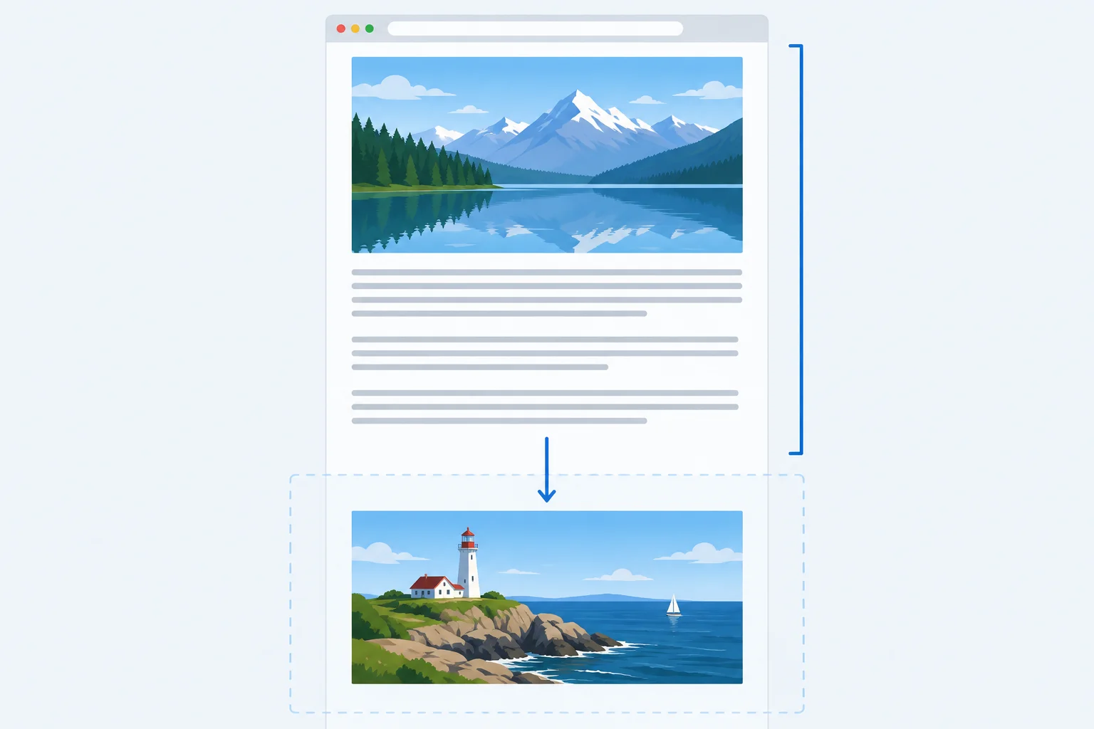 Diagram of a single-column article with a hero image in the initial viewport and a detail image far below it, showing that the browser may start loading the detail image before it is visible.