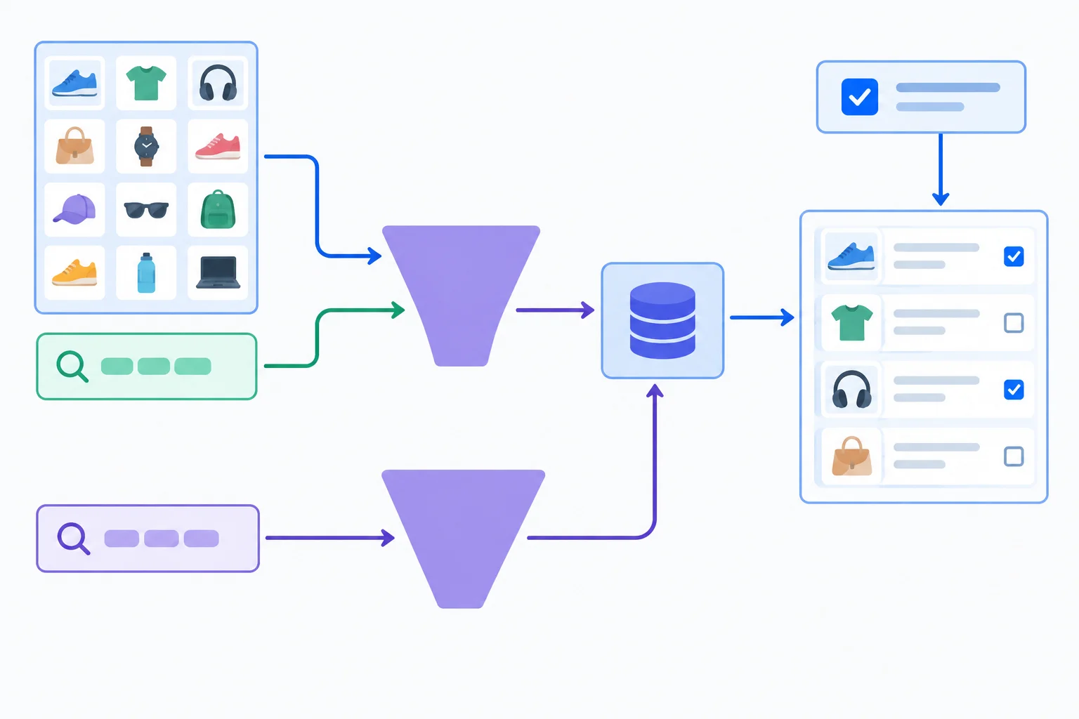 Diagram showing product data and a search query feeding a cached ranking-and-limit calculation, while a selection update reaches the list separately.