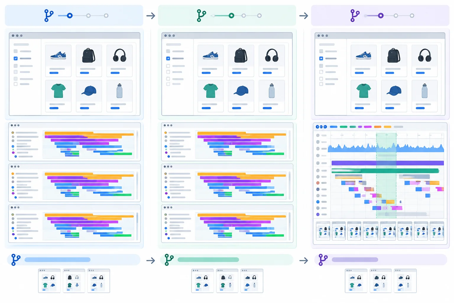 A controlled experiment with repeated matching development Profiler recordings before and after a code change, plus a separate browser timeline for an optimized build.