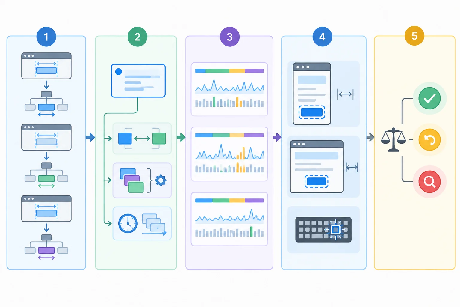 A flow from the original alternating read and write sequence through one chosen variant, repeated recordings, behavior and accessibility checks, and a final decision.