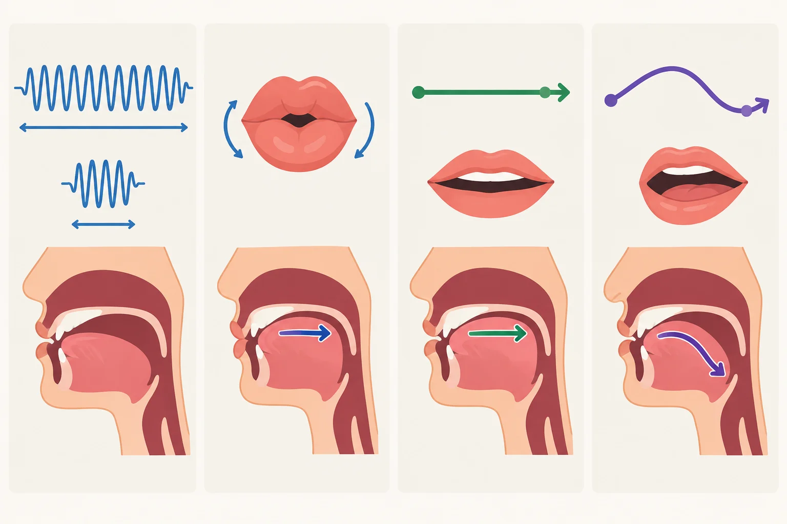 Comparação visual entre vogal longa e curta, posição frontal com lábios arredondados, som estável e som com deslizamento.