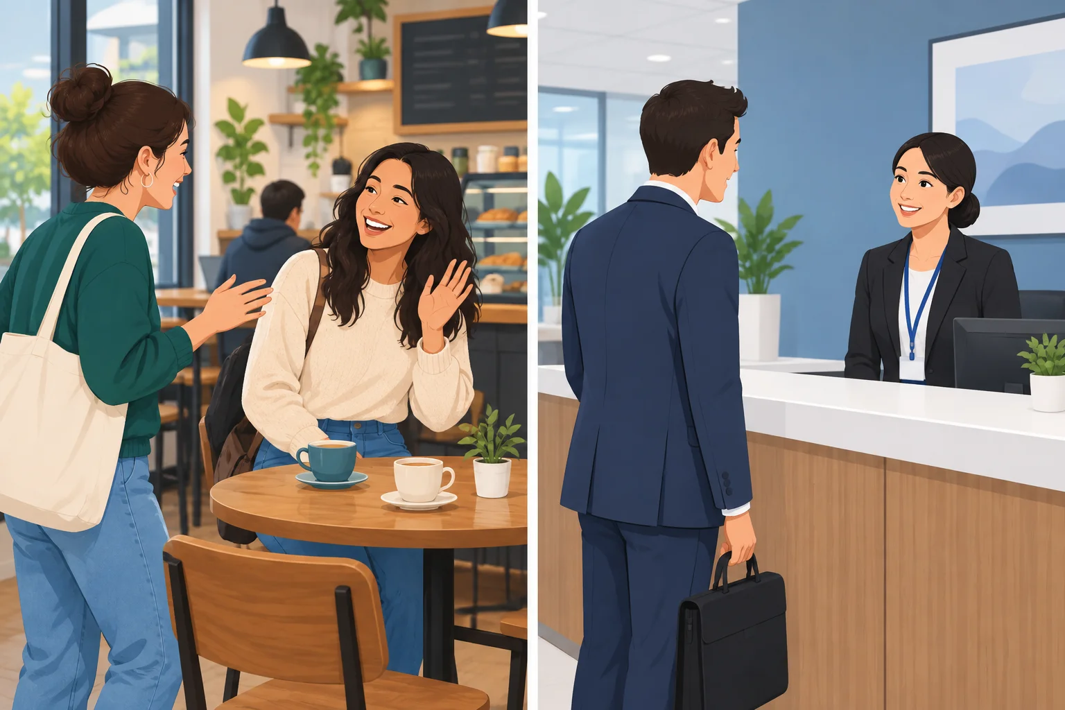 Comparação entre duas amigas em um contexto informal e uma cliente falando com uma atendente em um contexto formal.