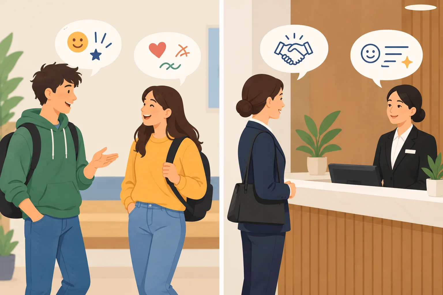 Comparação visual entre uma conversa informal entre amigos e uma conversa formal em um atendimento.