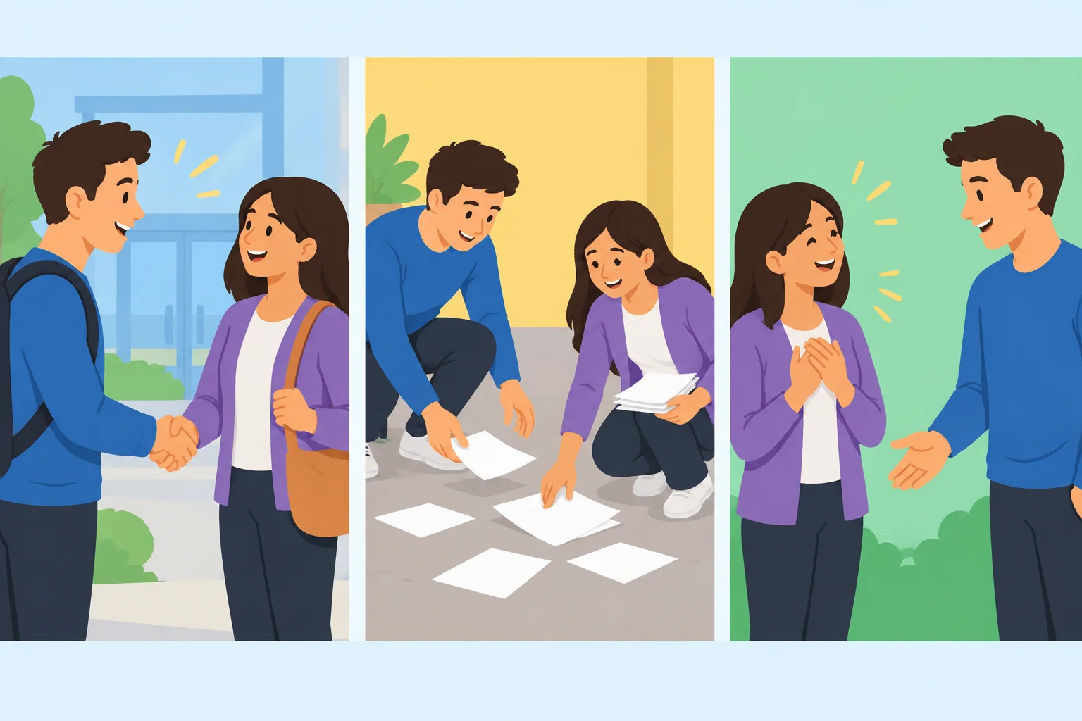 Três cenas: conhecer alguém, agradecer uma ajuda e responder ao agradecimento.