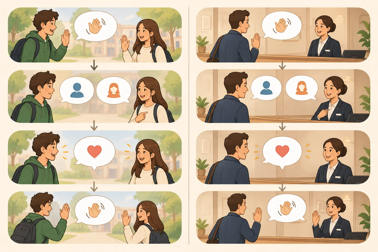 Comparação visual entre uma conversa inicial informal entre conhecidos e uma conversa formal em um atendimento, ambas com cumprimento, troca de nomes e despedida.
