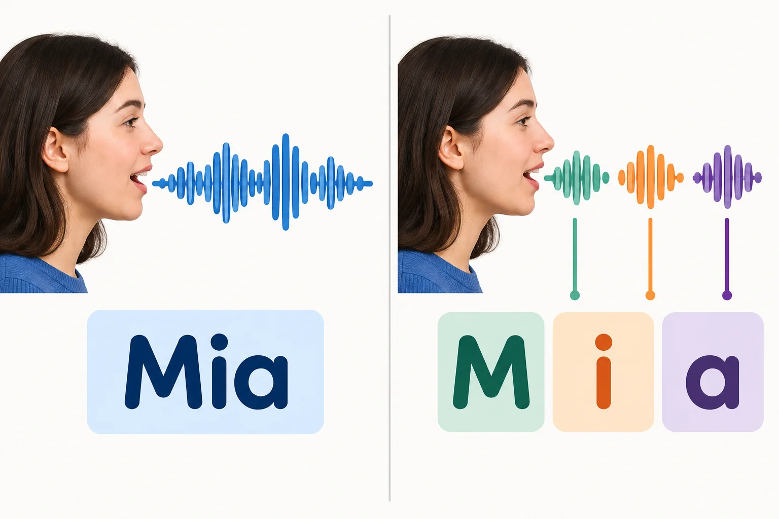 Comparação visual entre o nome Mia dito como uma palavra e o mesmo nome separado nas letras M, i e a.