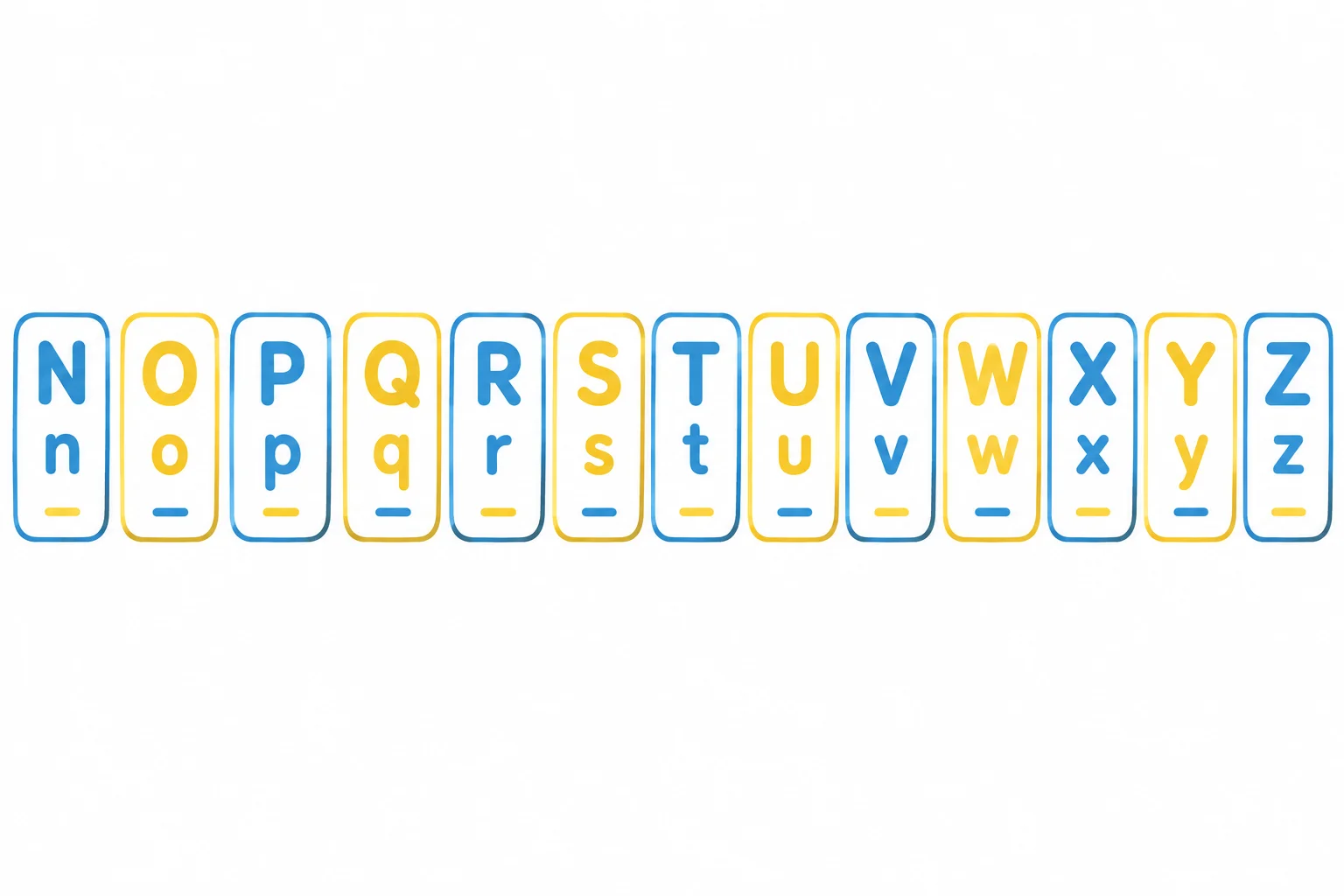 Faixa visual com as letras N, O, P, Q, R, S, T, U, V, W, X, Y e Z, em maiúsculas e minúsculas, na ordem do alfabeto.