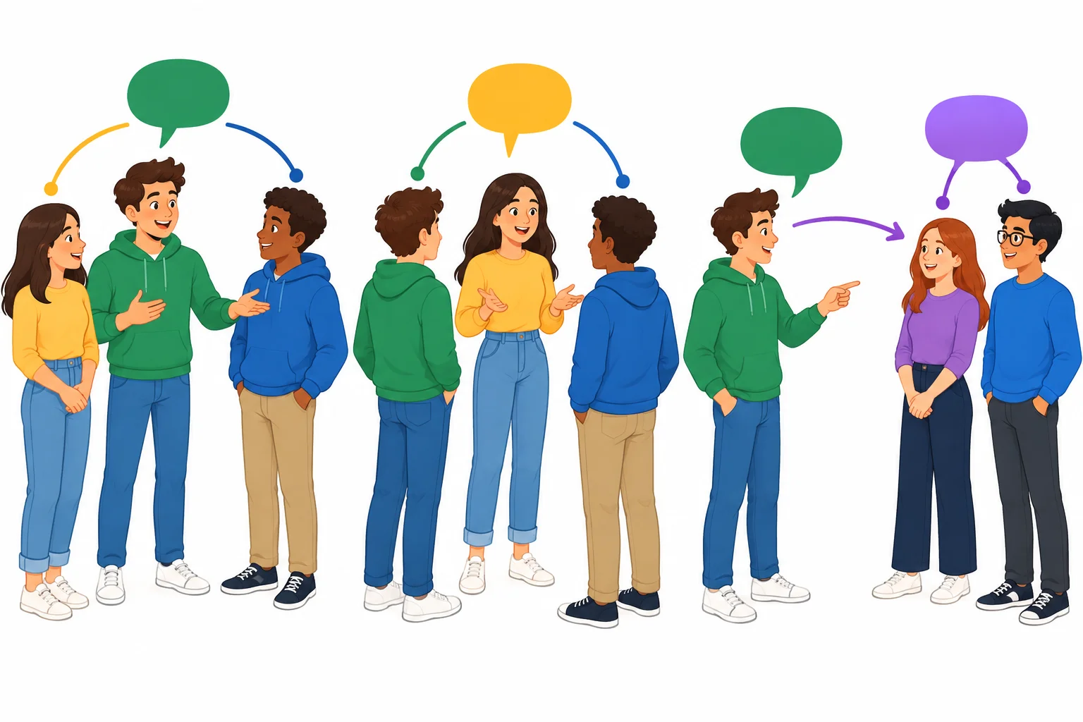 Três situações: a pessoa que fala faz parte de um grupo, fala diretamente com um grupo ou fala sobre outro grupo.