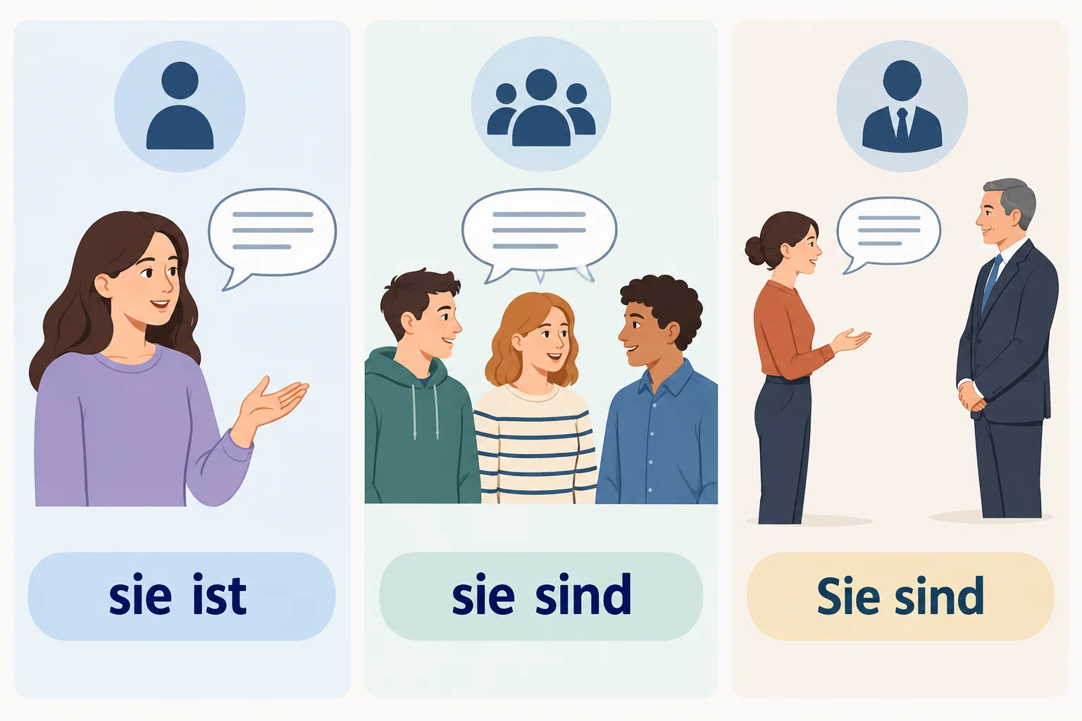 Diagrama em três partes: uma mulher com sie ist, um grupo com sie sind e uma conversa formal com Sie sind.