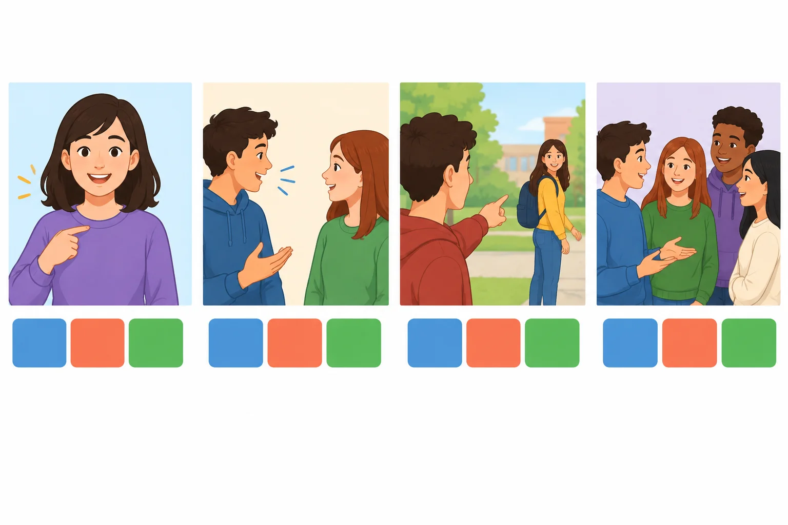 Quatro situações mostram uma pessoa falando de si, falando com um amigo, falando sobre Mia e falando de um grupo; em todas, o bloco do verbo fica entre o sujeito e a informação.