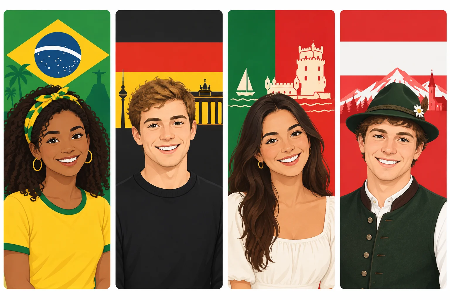 Quatro pessoas, cada uma associada visualmente a um dos quatro países do repertório.