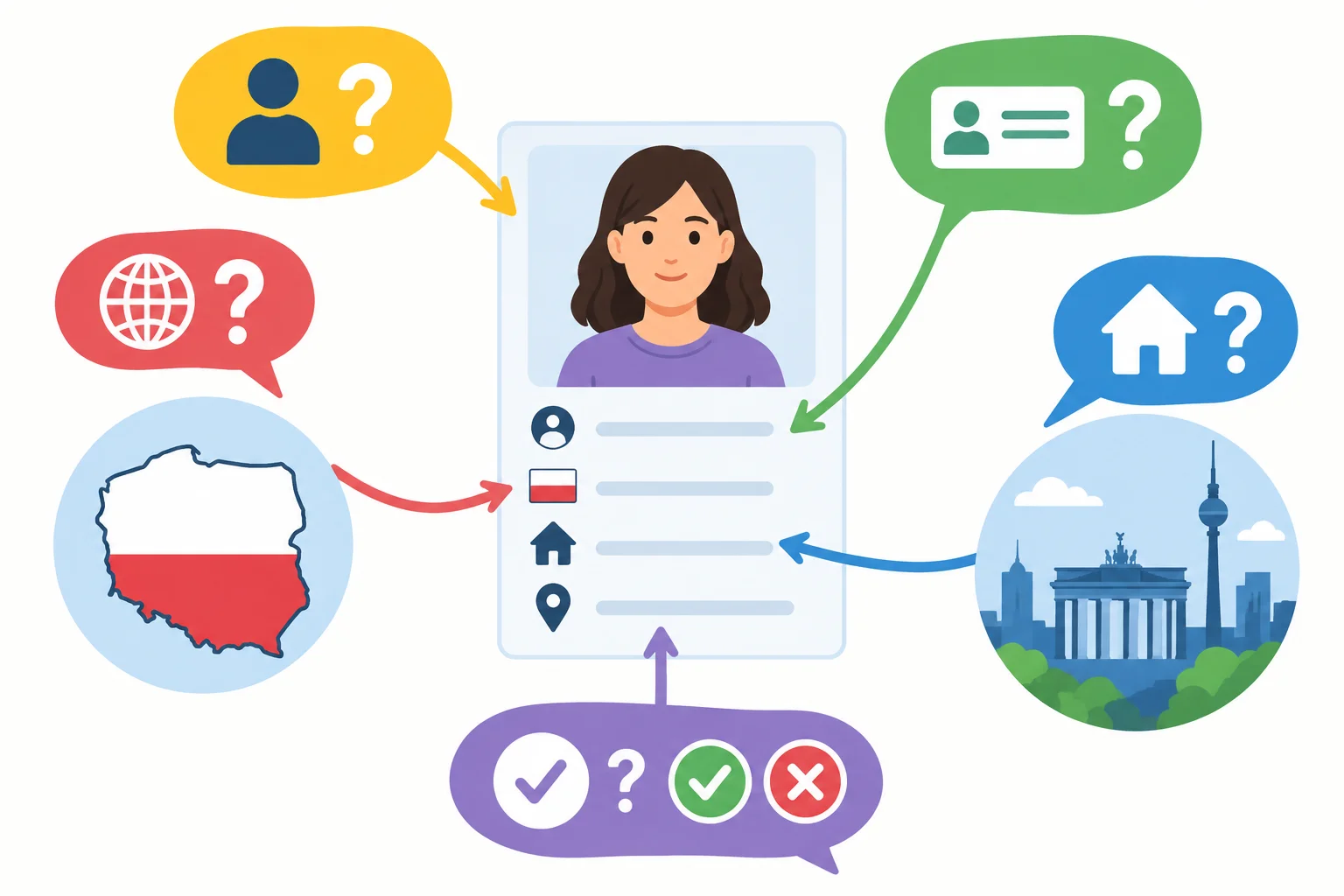 Diagrama de um perfil fictício ligado a perguntas sobre identidade, nome, origem e moradia, além de uma pergunta de confirmação.