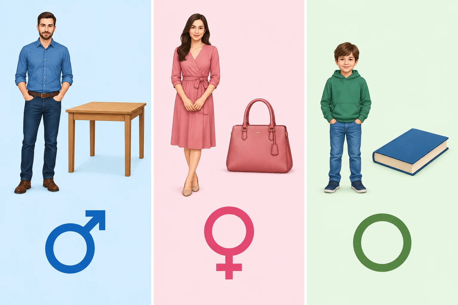 Diagrama com homem e mesa em um grupo, mulher e bolsa em outro e criança e livro em um terceiro grupo.