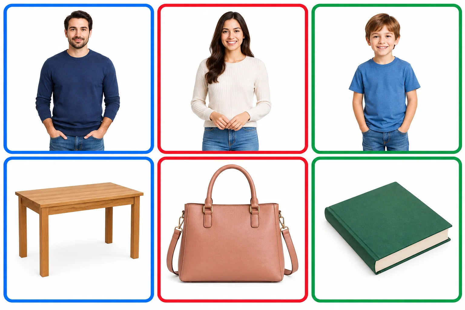 Seis imagens: homem, mulher, criança, mesa, bolsa e livro, agrupadas visualmente em três categorias.