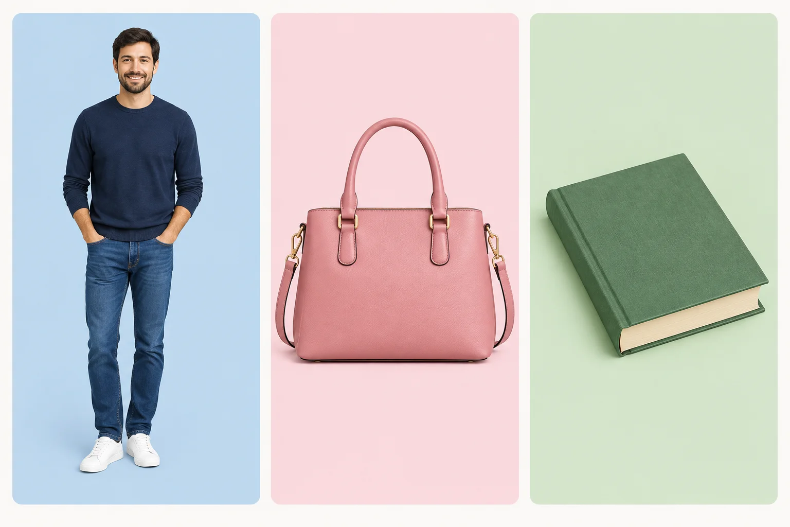 Um homem, uma bolsa e um livro organizados em três grupos visuais.