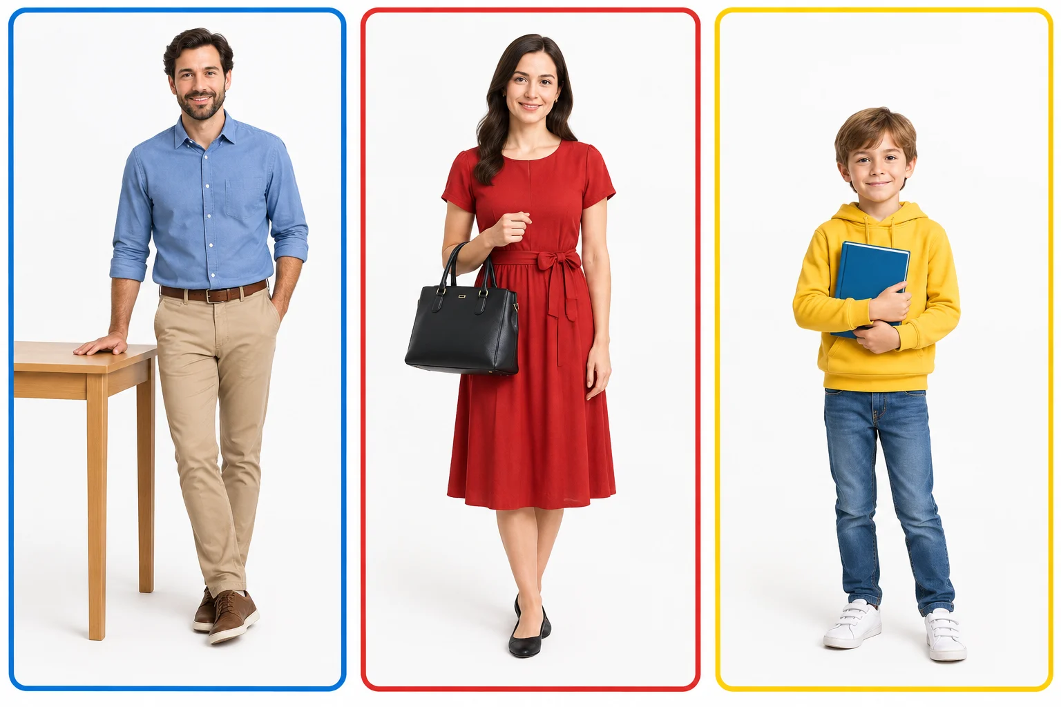 Três áreas mostram um homem e uma mesa, uma mulher e uma bolsa, e uma criança com um livro.