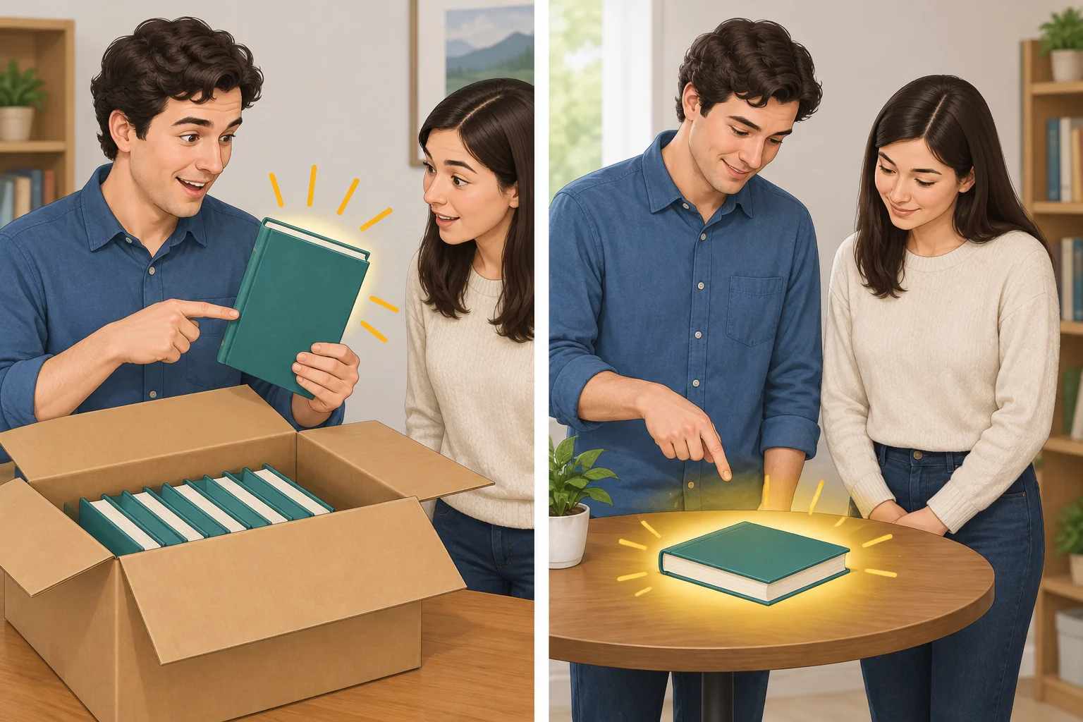 Comparação visual entre apresentar um livro como um exemplar qualquer e identificar um livro específico já reconhecível no contexto.