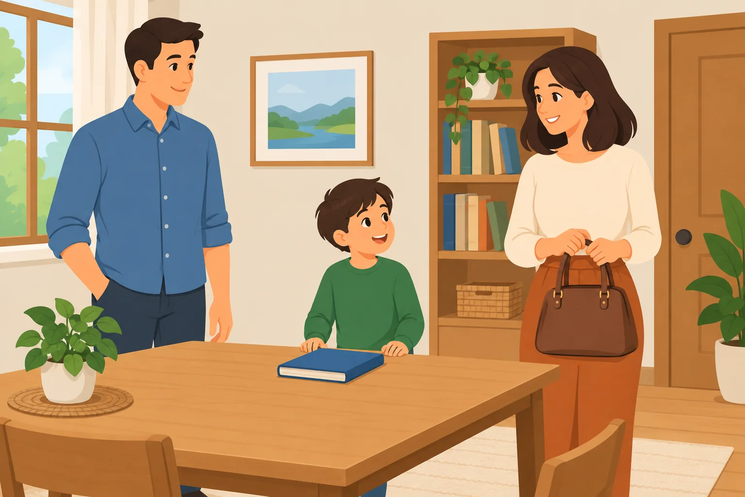 Cena com um homem, uma mulher com uma bolsa, uma criança, uma mesa e um livro.