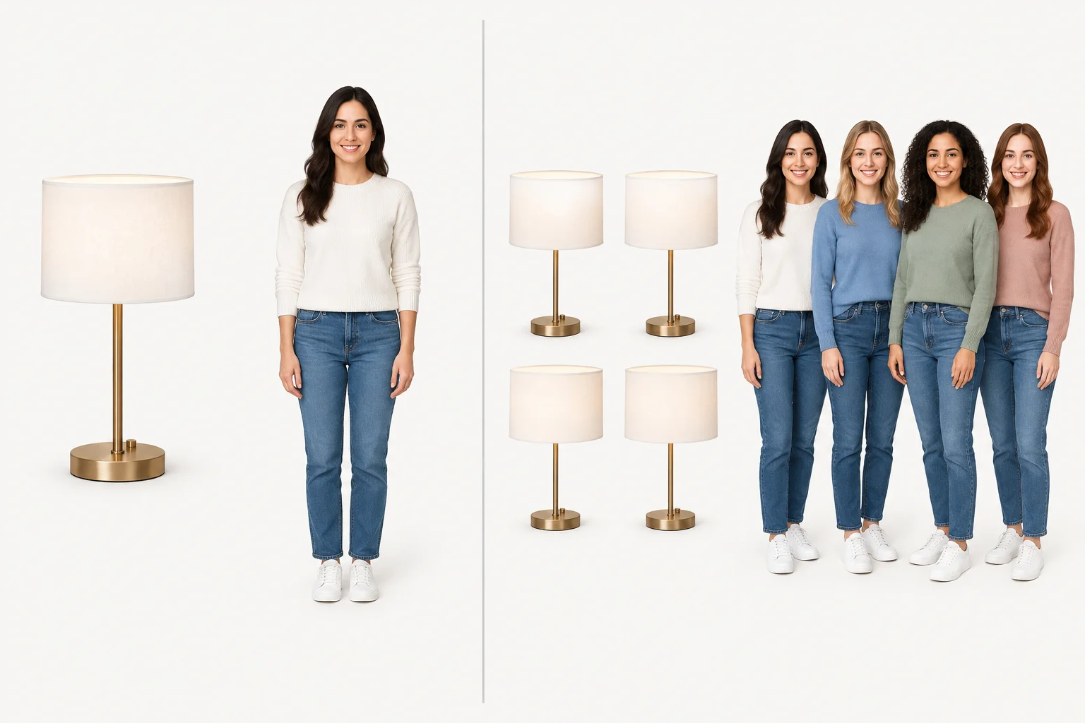 Comparação entre uma lâmpada e várias lâmpadas, e entre uma mulher e várias mulheres.