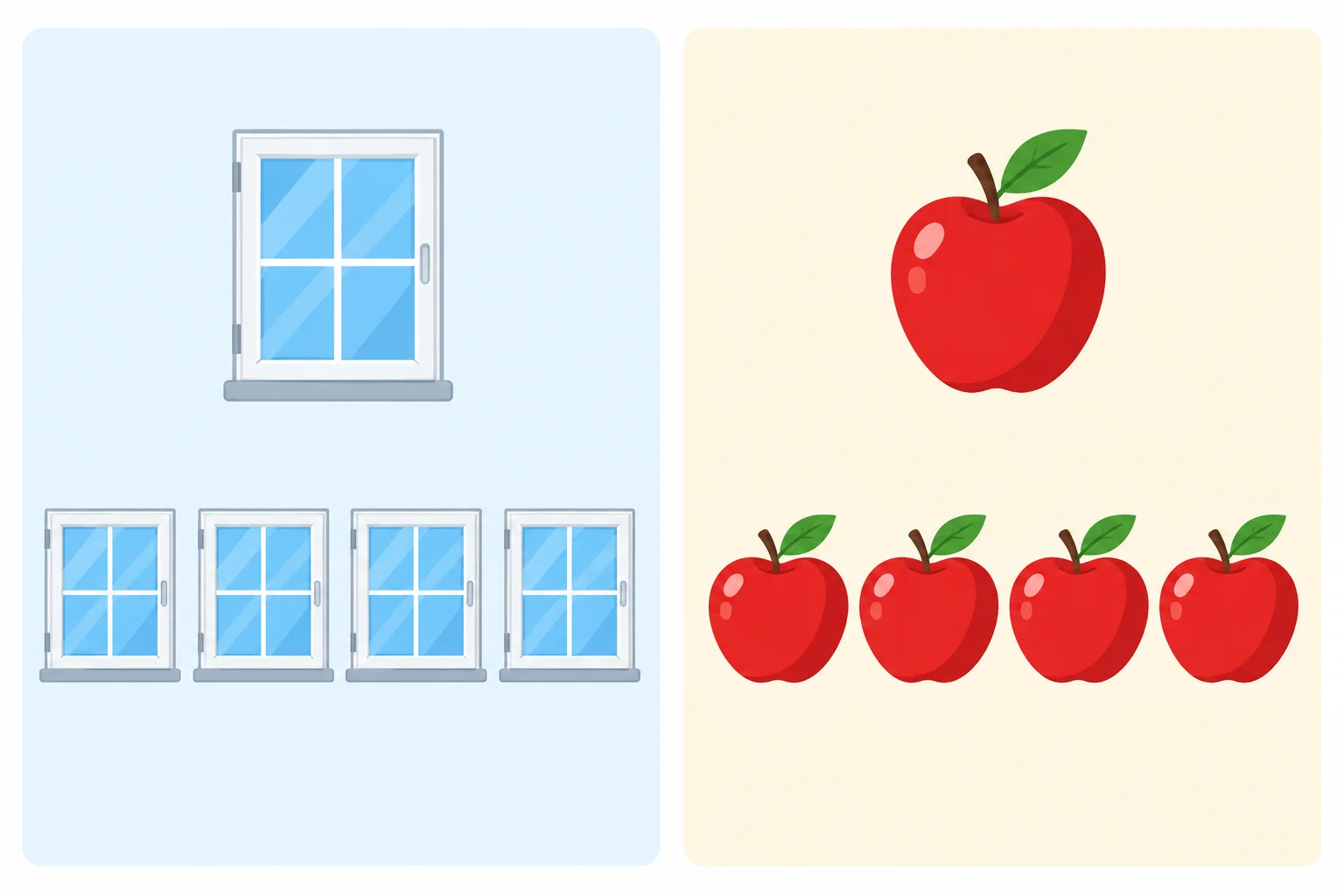 Comparação visual entre uma janela e várias janelas, e entre uma maçã e várias maçãs.