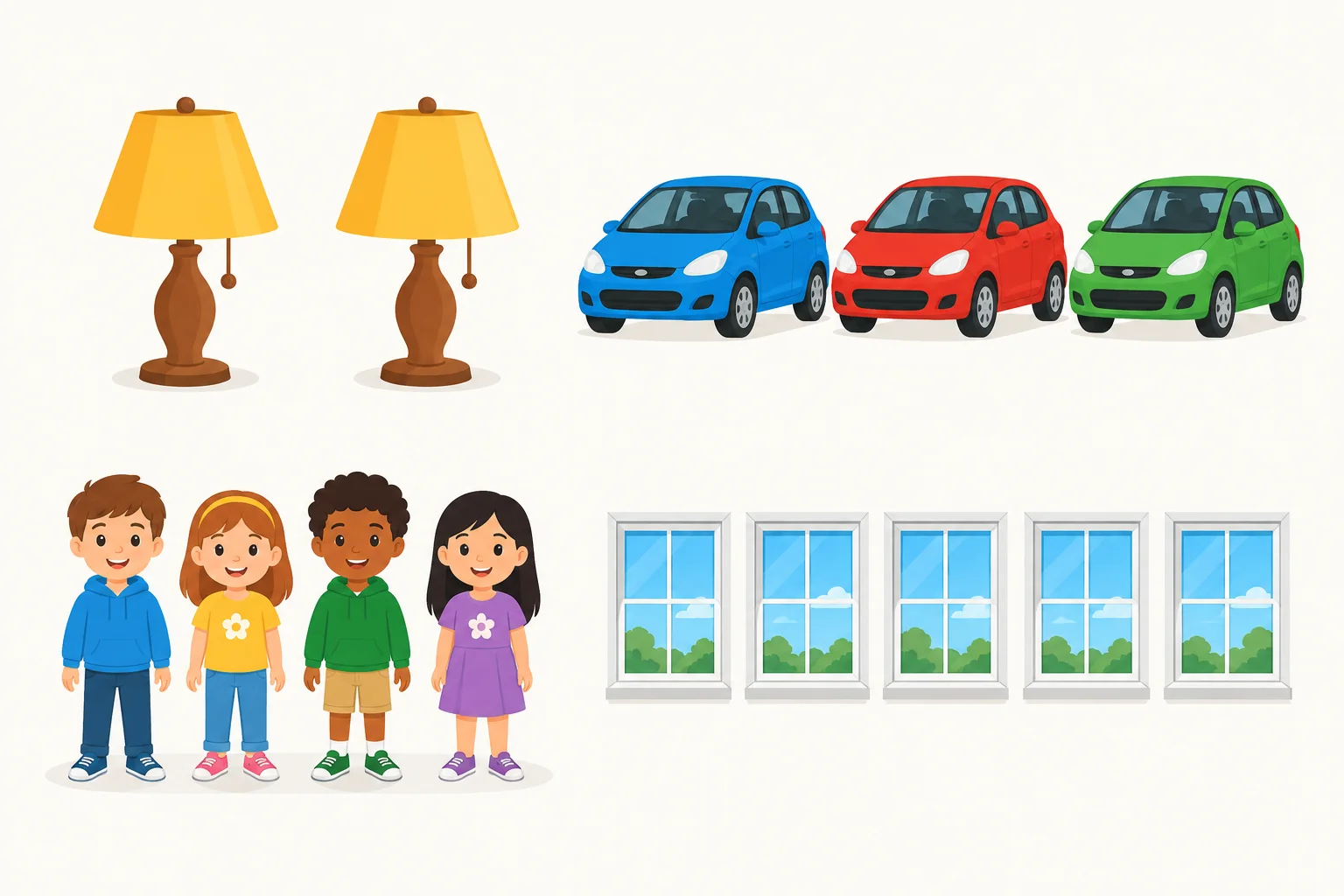 Quatro grupos: duas luminárias, três carros, quatro crianças e cinco janelas.
