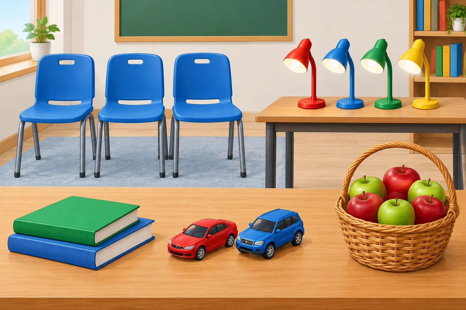 Cena com cadeiras, livros, luminárias, carros em miniatura e maçãs agrupados em pequenas quantidades.